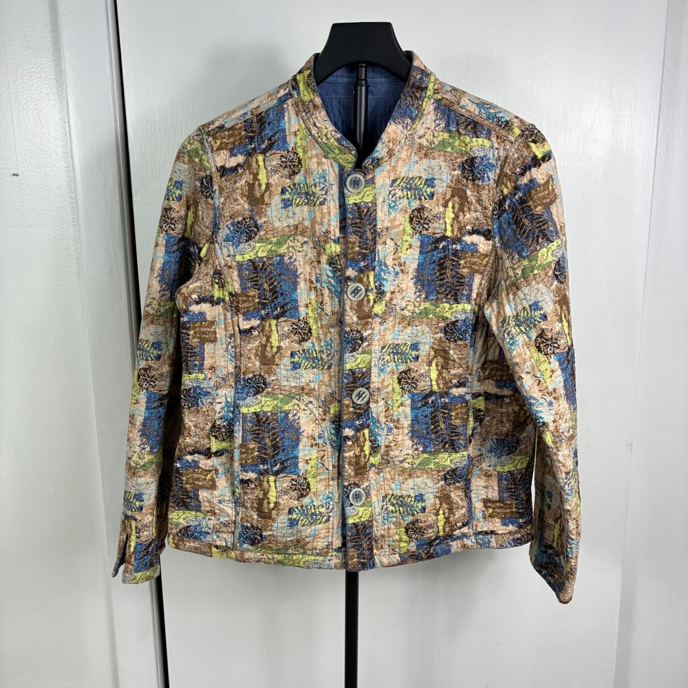 Reversible Quilted Jacket Abstract Print Mandarin Collar Boho Eclectic Lagenlook